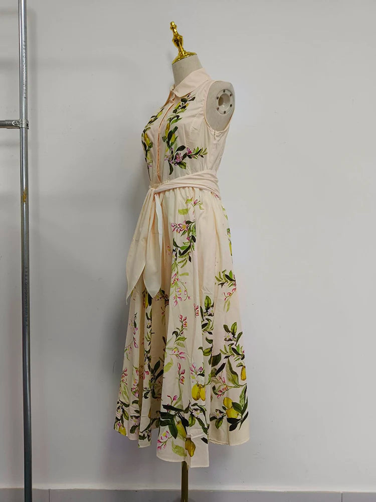 Printed Patchwork Belt Sleeveless Midi Dress