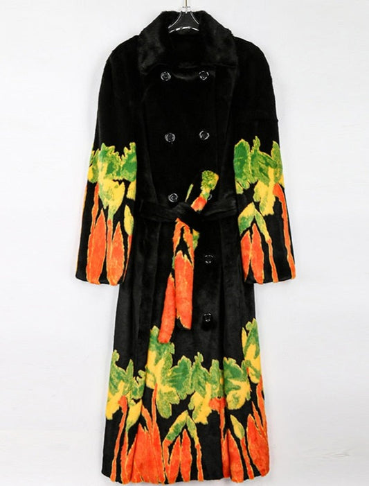 Multicolor Floral Faux Mink Fur Trench Coat