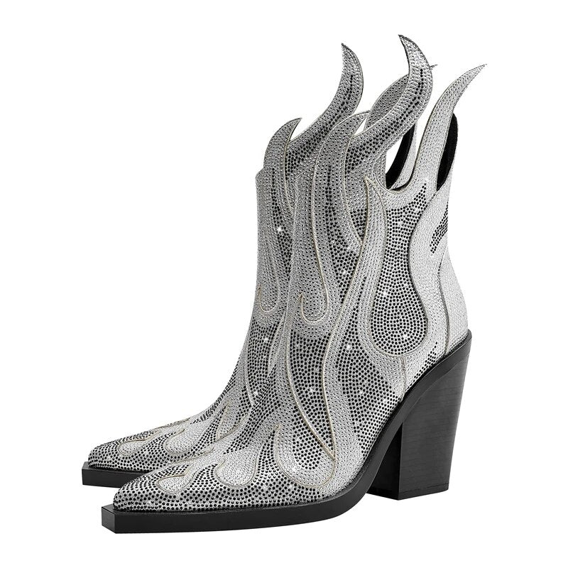 Sparkling Rhinestone Pointed Toe Ankle Boots