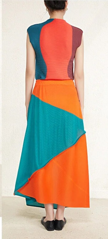 Miyake Pleated Contrast Sleeveless Top and Patchwork Skirt Set