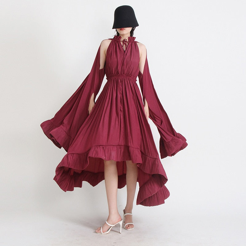 Pleated Ruffles Folds Irregular Hem Dress with Cloak Sleeves