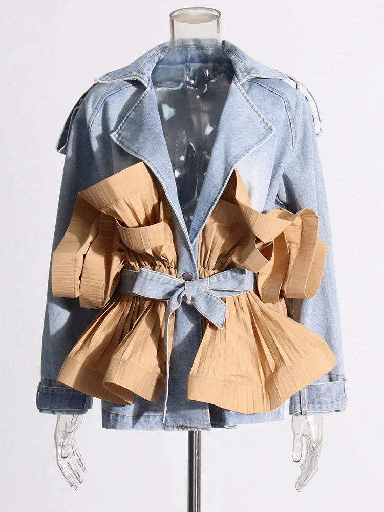 Patchwork Ruffles Spliced Belt Denim Jacket