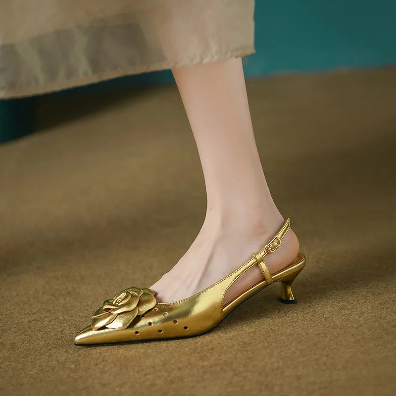 Gold Flower Pointed Toe Slingback Pumps