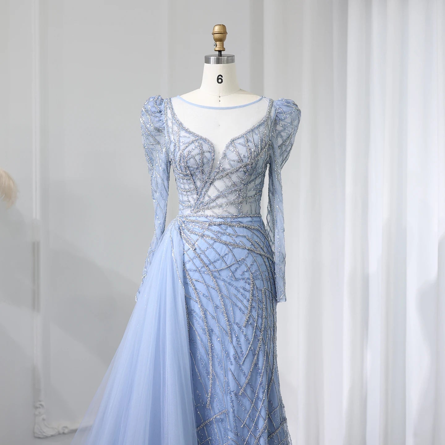 Beaded Round Neck Floor-Length Dress with Overskirt