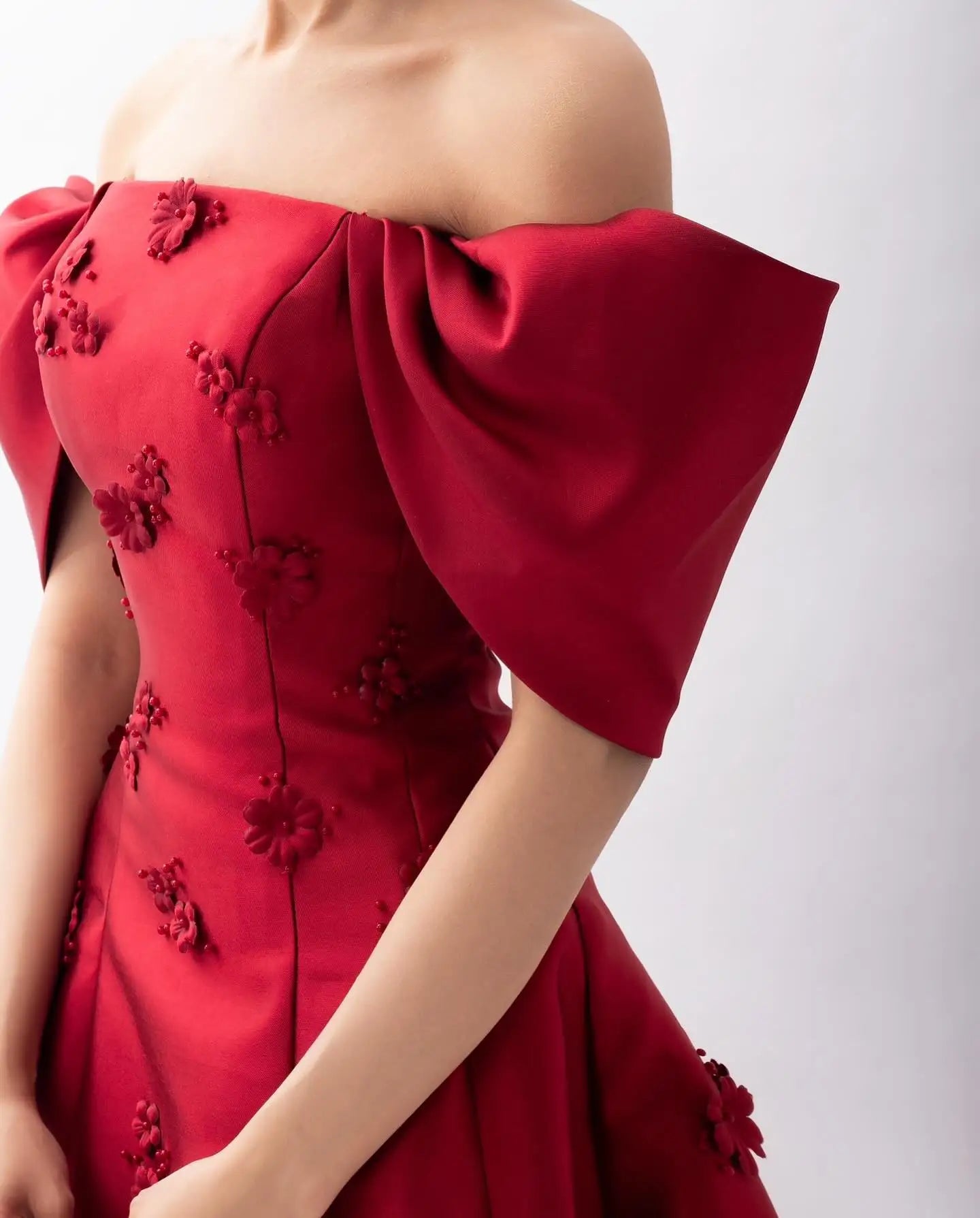 3D Flowers Off-Shoulder Cap Sleeve Dress