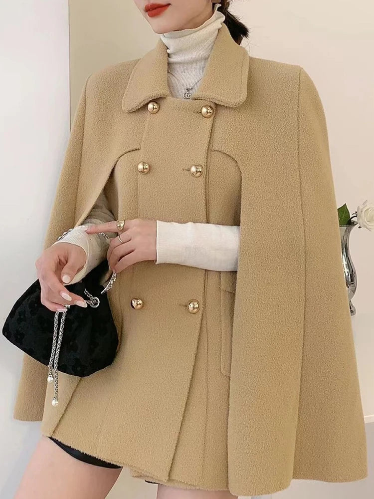 Spliced Cape Sleeve Double-Breasted Coat