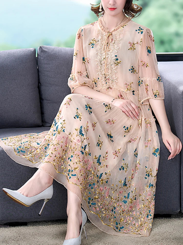 Floral Embroidery Ruffled Midi Dress