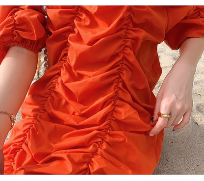 Pleated Slash Neck Short Sleeve Midi Dress