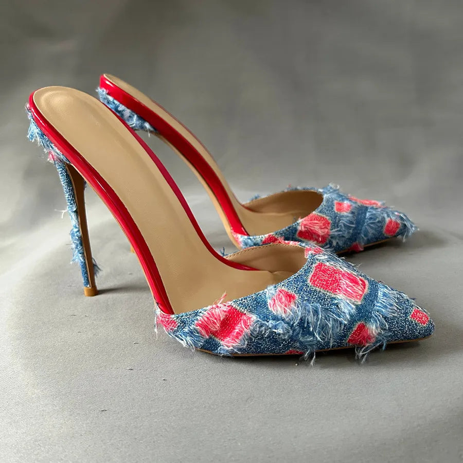 Denim Pointed Toe High Heel Sandals