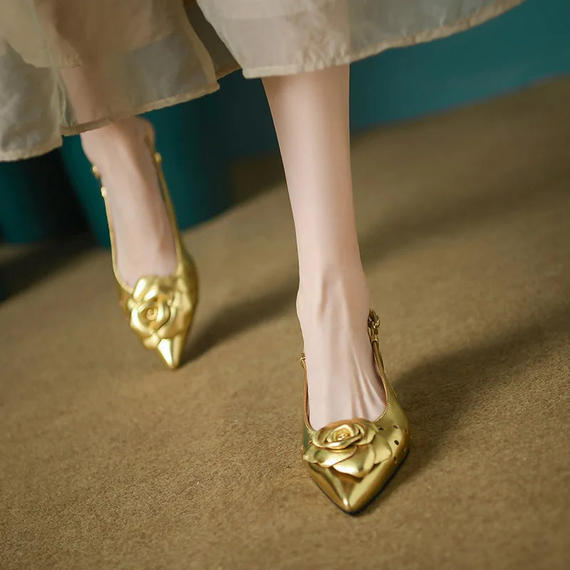 Gold Flower Pointed Toe Slingback Pumps
