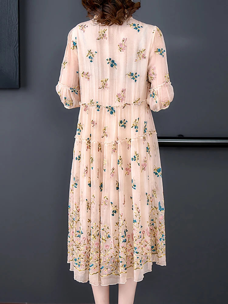 Floral Embroidery Ruffled Midi Dress