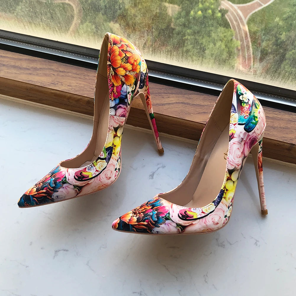 Glossy Floral Print Pointed Toe High Heel Shoes