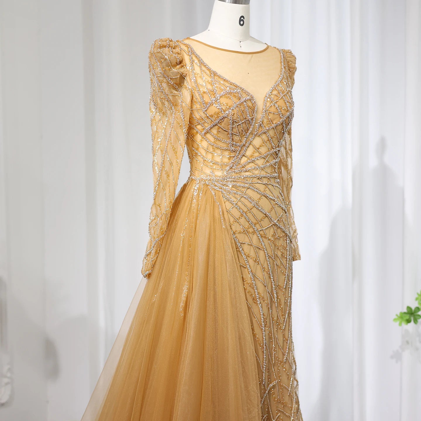 Beaded Round Neck Floor-Length Dress with Overskirt