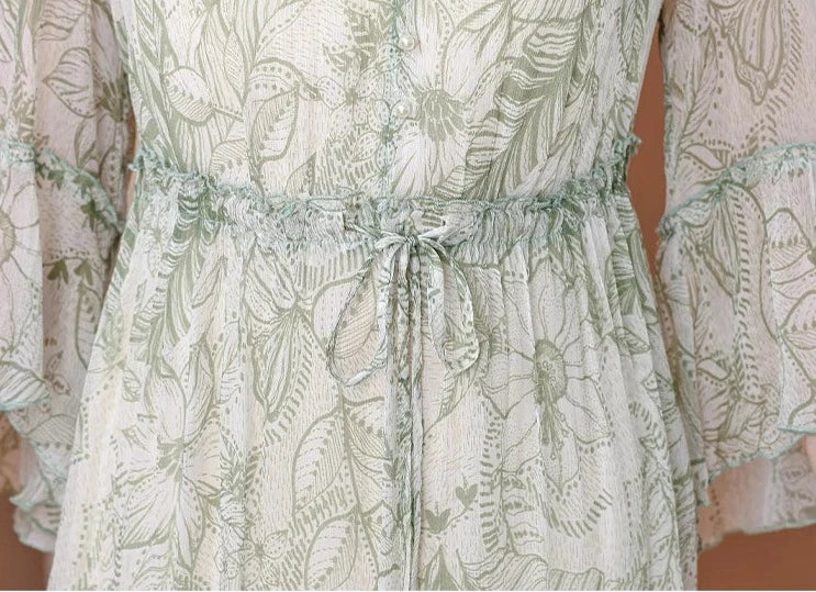 Floral Tie-Waist Flare Sleeve Midi Dress