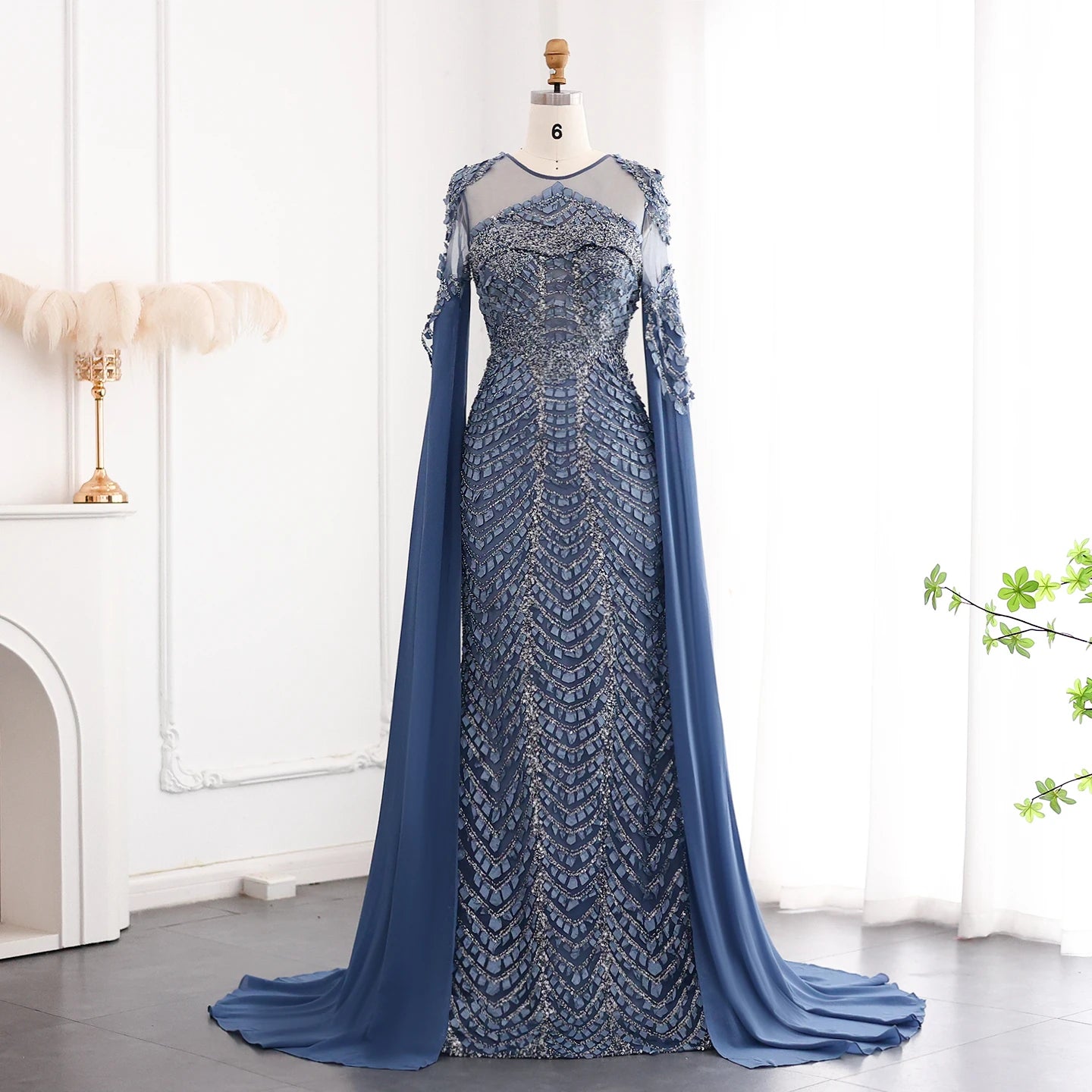 Sequined Patchwork Floor-Length Dress with Cape Sleeves