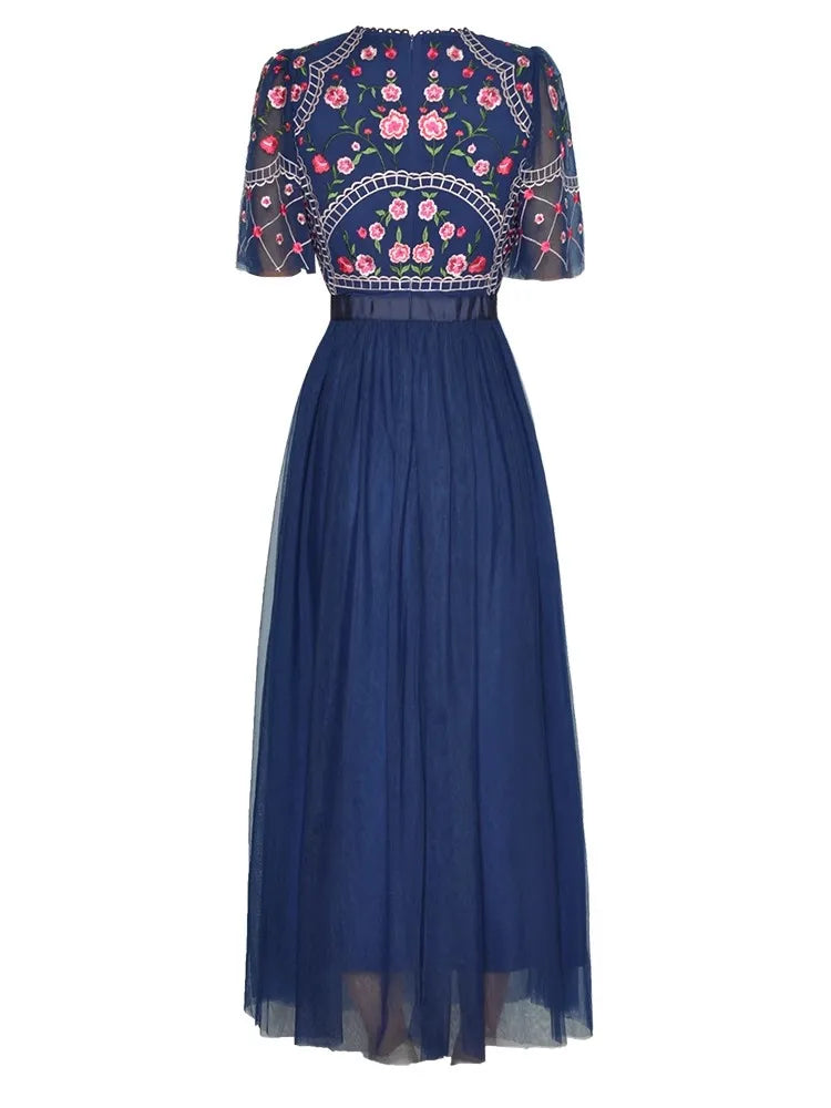 Floral Embroidered O-Neck Flare Sleeve Dress