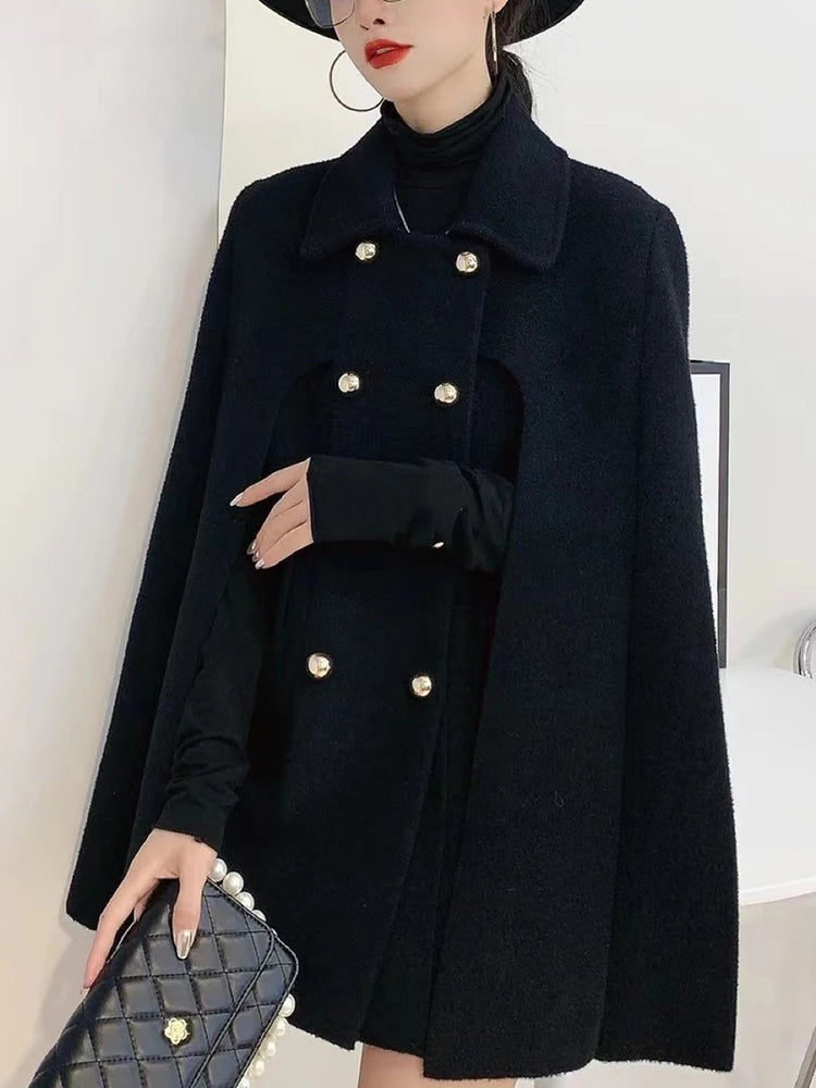 Spliced Cape Sleeve Double-Breasted Coat