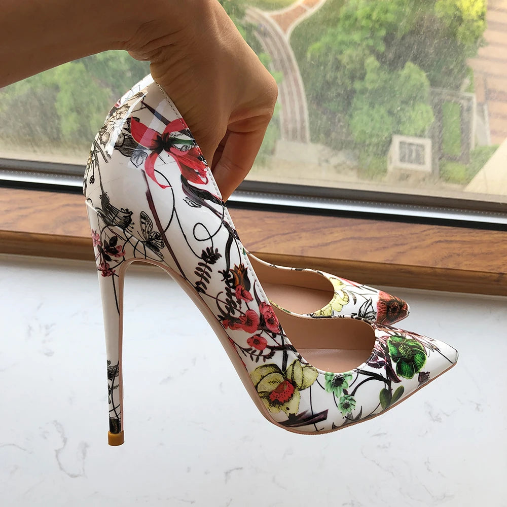 Flower Print Patent Pointed Toe High Heel Shoes