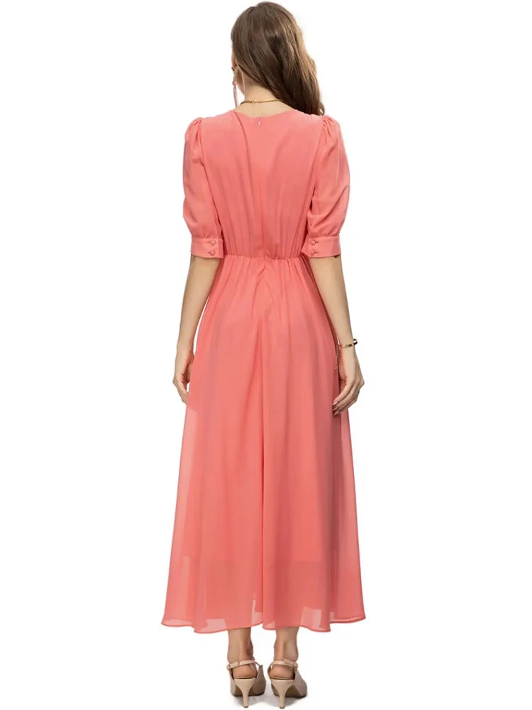 Applique Shirred Lantern Half Sleeve Maxi Dress