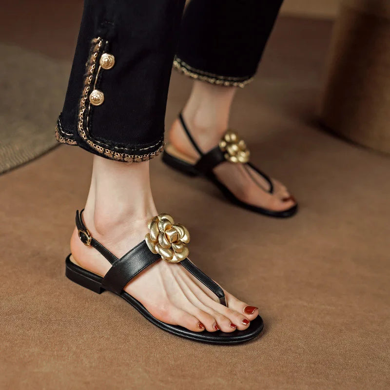 Flower Detail T-strap Sandals