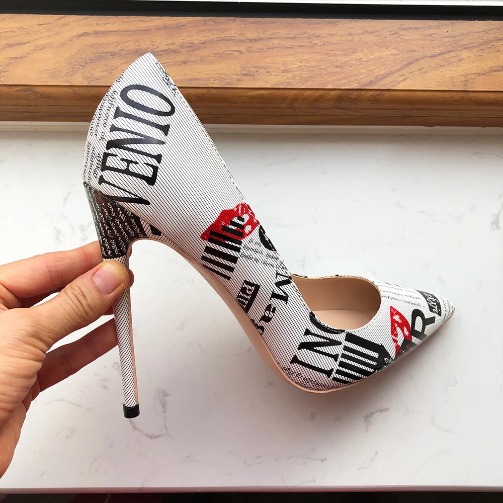 Newspaper Print Pointed Toe High Heel Shoes