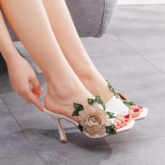 Lace Flower Patchwork Square Toe Sandals