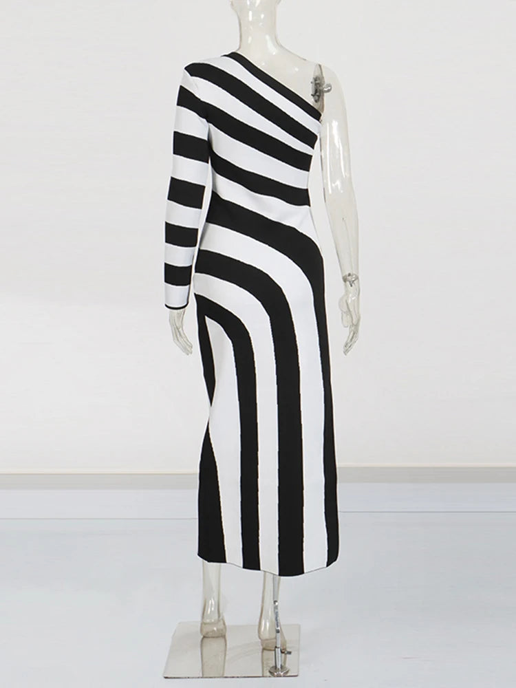 Striped Asymmetrical One Shoulder Long Sleeve Knit Dress