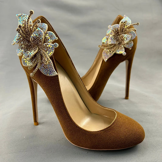 Rhinestone Flower Round Toe High Heel Shoes