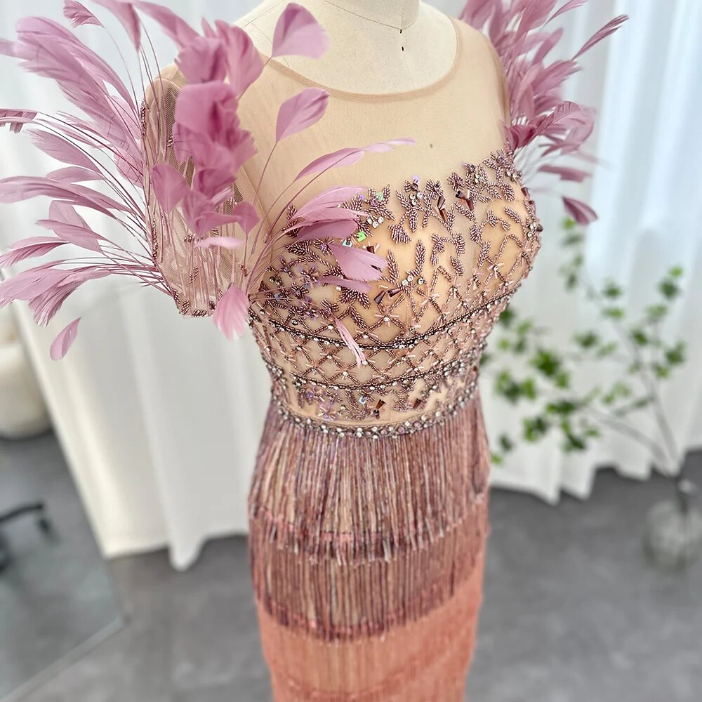 Luxury Gradient Tassels Maxi Dress with Feather Sleeves