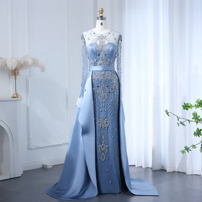 Beaded Long Sleeve Floor-Length Dress with Overskirt