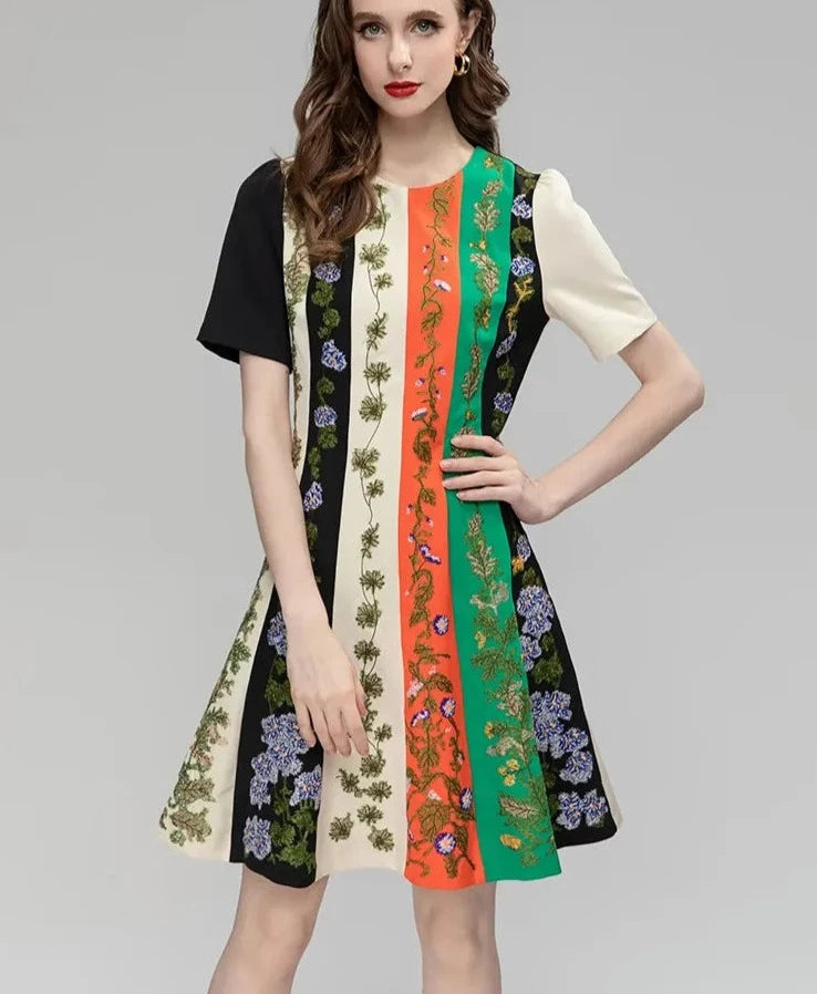 Flower Embroidered Patchwork Mini Dress