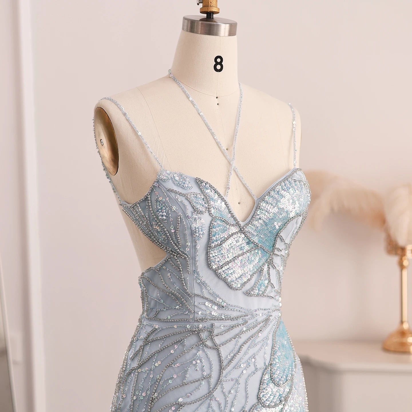Luxury Beaded Crystal Evening Dress with  Feather Scarf