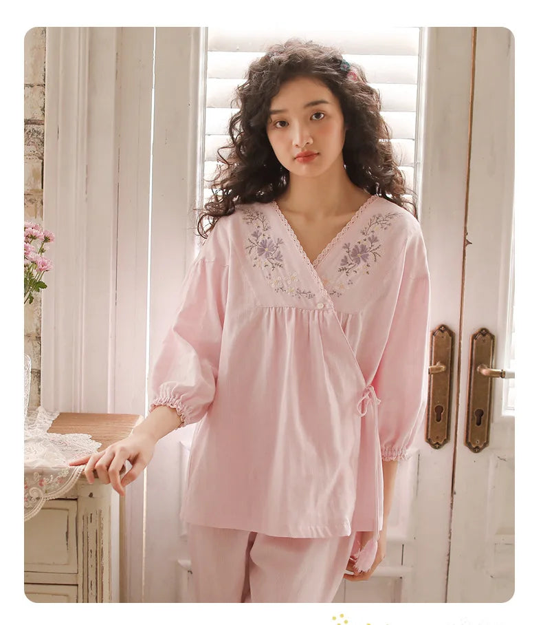 Embroidered Three-Quarter Sleeve Pajama Set