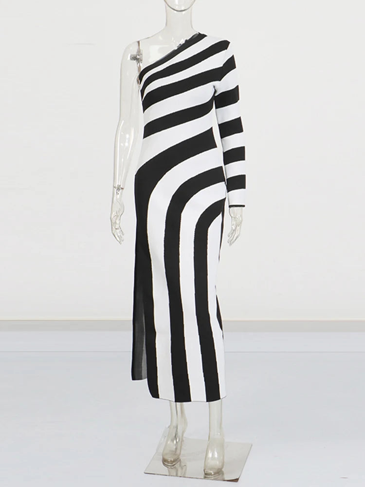 Striped Asymmetrical One Shoulder Long Sleeve Knit Dress