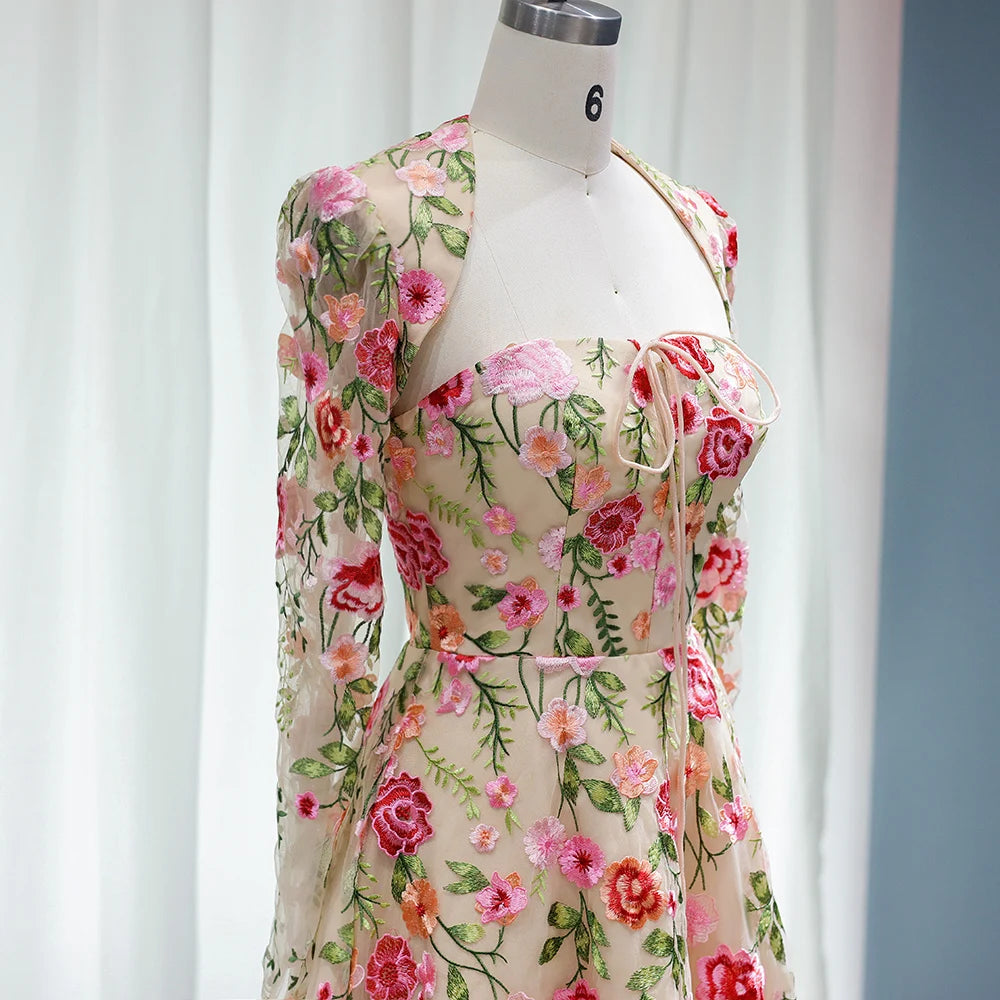 Embroidered Strapless Midi Dress with Long Sleeve Jacket