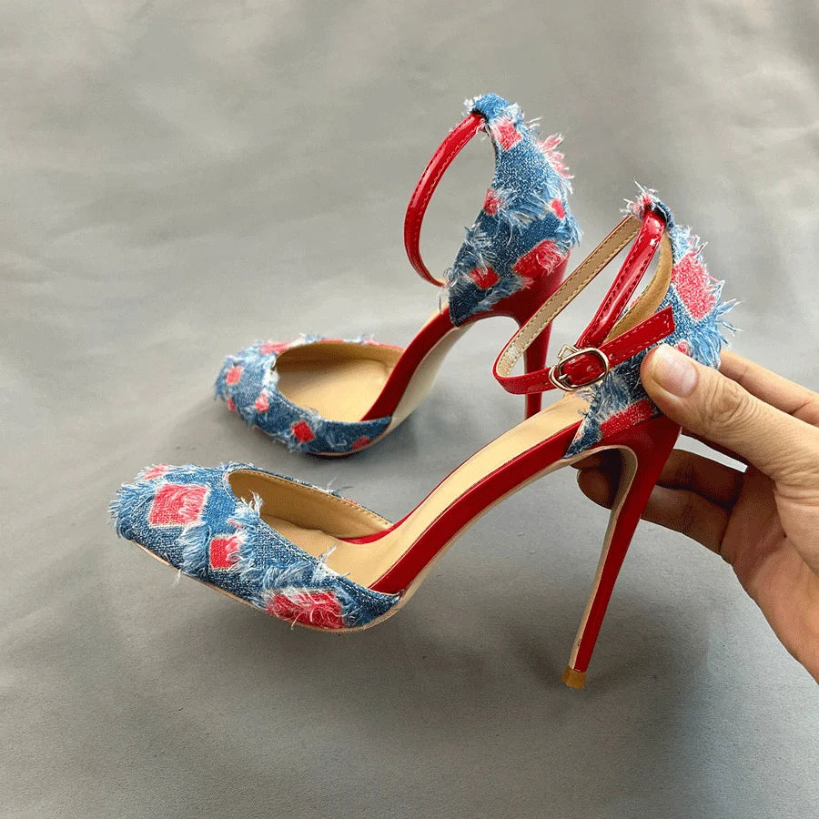 Denim Ankle Strap High Heel Sandals