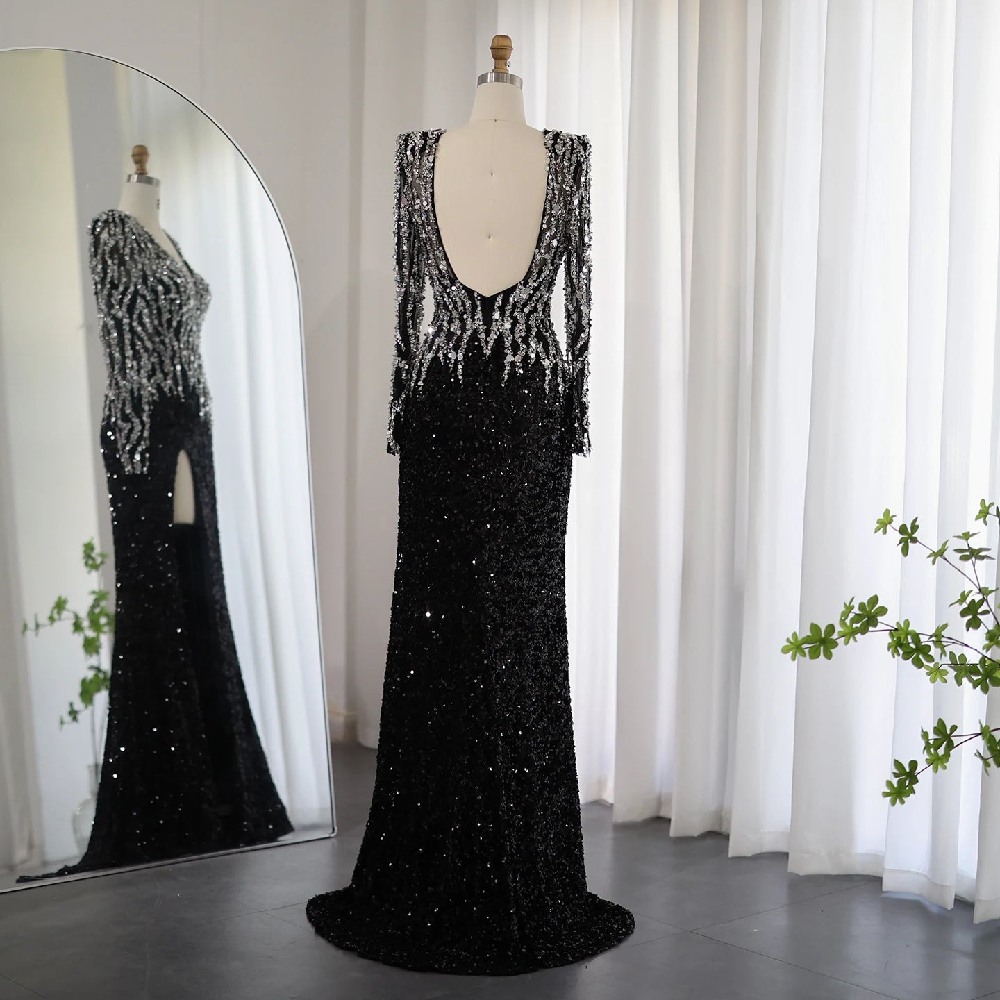 Sequined V-Neck Long Sleeve Floor-Length Dress