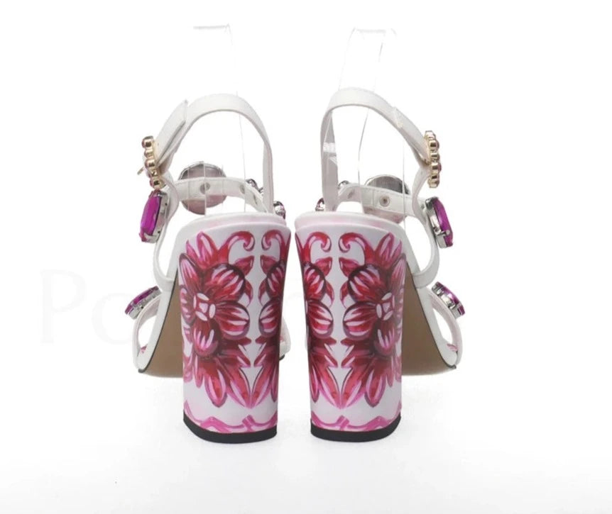 Porcelain Print Embellished Chunky Heel Sandals