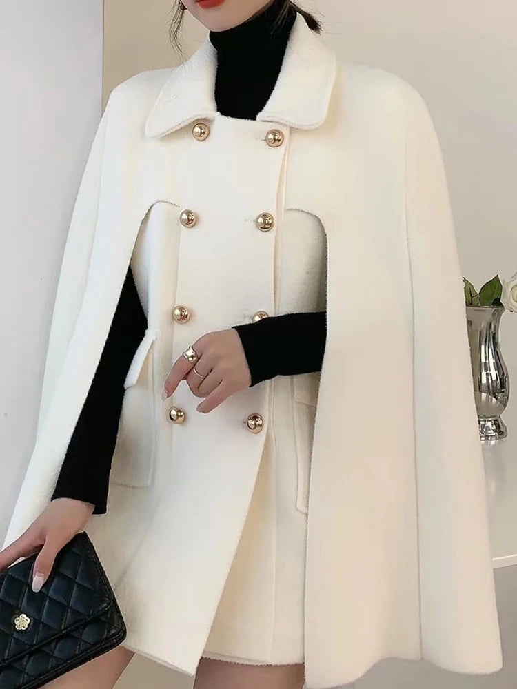 Spliced Cape Sleeve Double-Breasted Coat