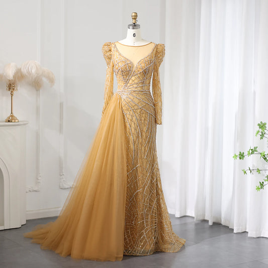 Beaded Round Neck Floor-Length Dress with Overskirt