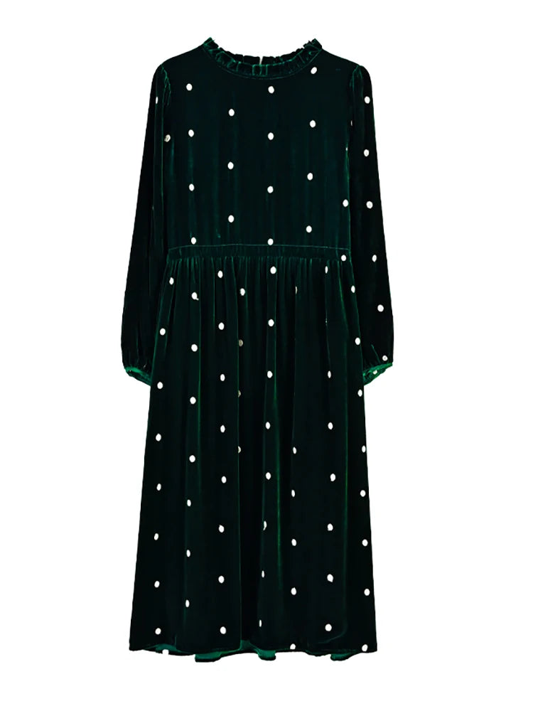 Polka Dot Ruffled Neck Velvet Midi Dress