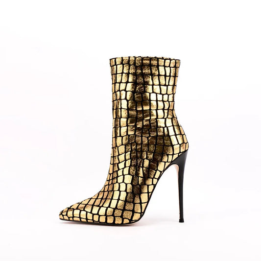 Shiny Checkered Pointed Toe High Heels Ankle-Boots