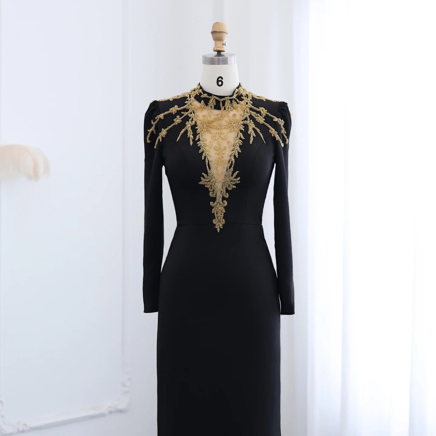 Beaded High Neck Long Sleeve Floor Length Dress