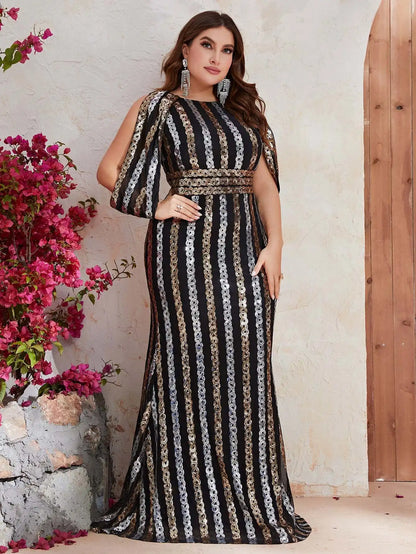 Plus Size Sequined Striped Evening Dress