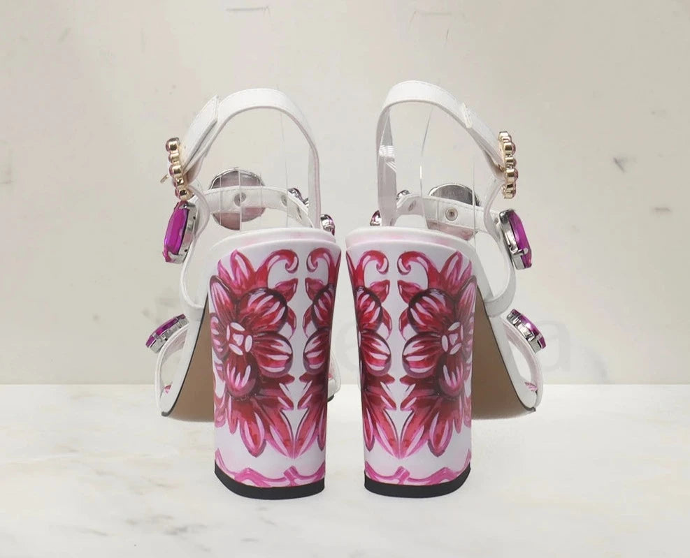Porcelain Print Embellished Chunky Heel Sandals