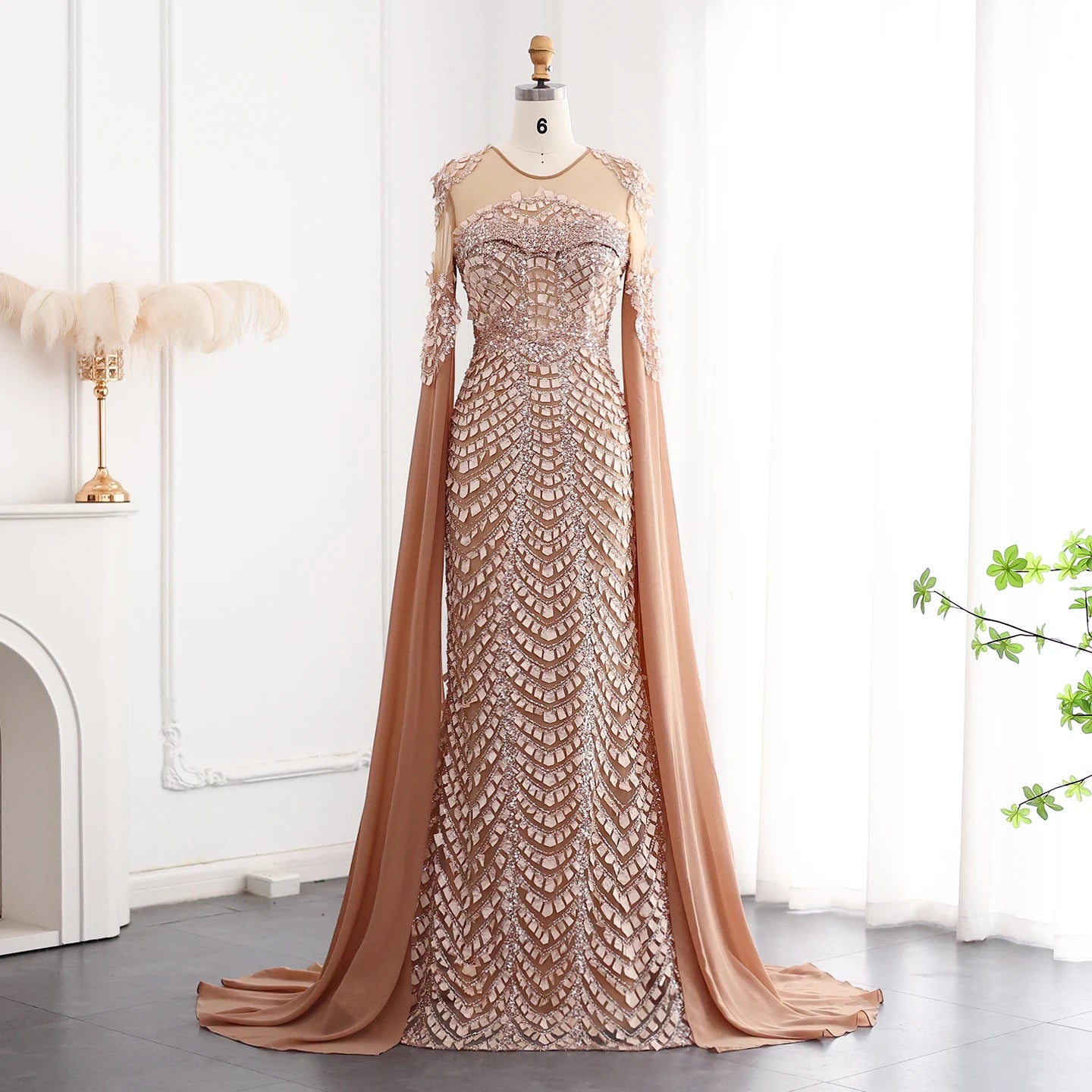 Sequined Patchwork Floor-Length Dress with Cape Sleeves