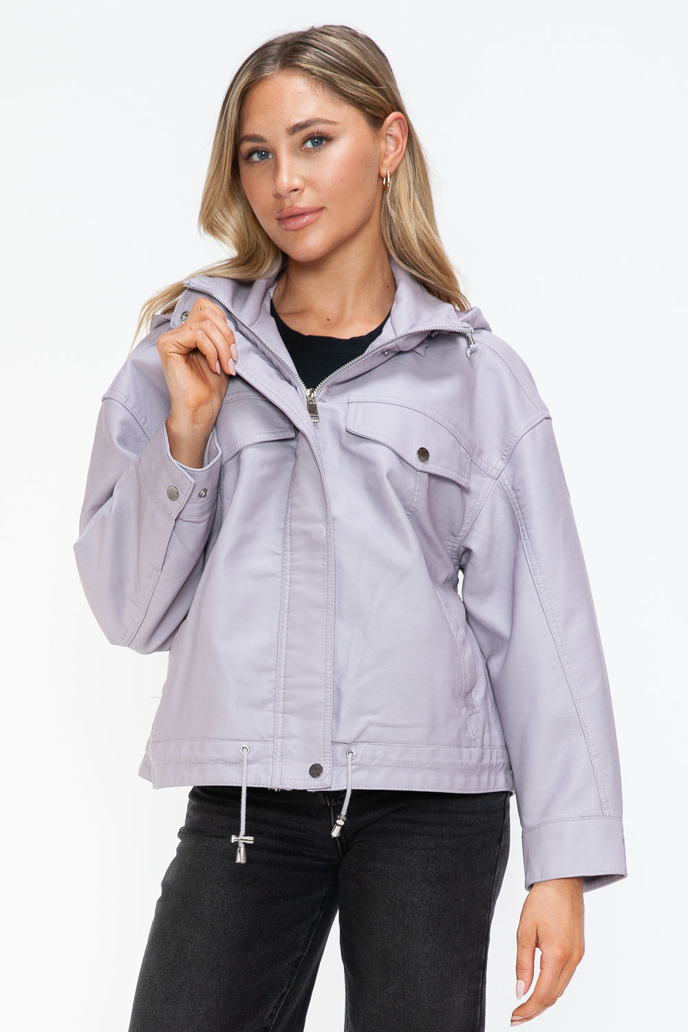 Drawstring Hem PU Leather Zip Up Jacket