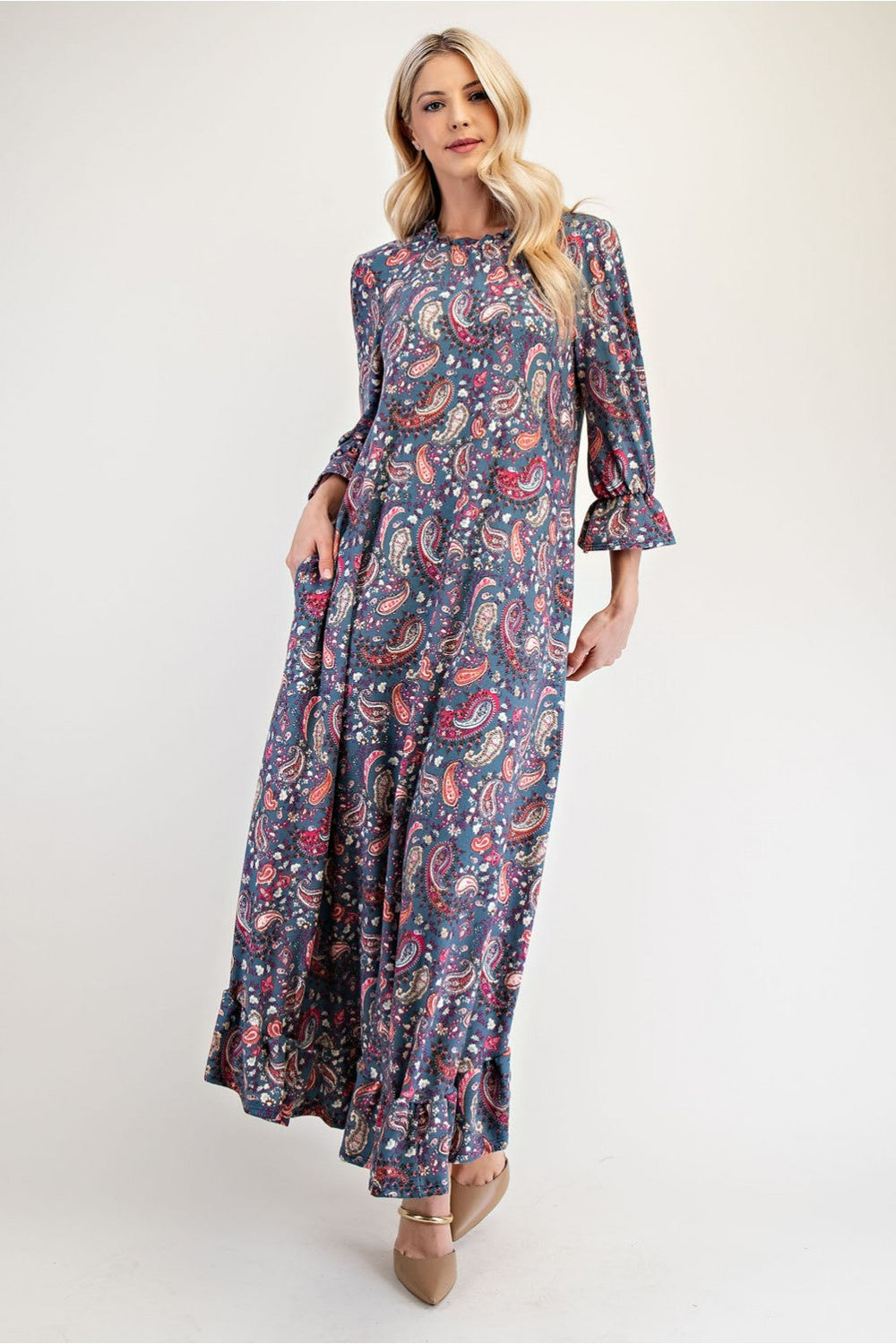 Ruffle Hem Paisley Round Neck Dress