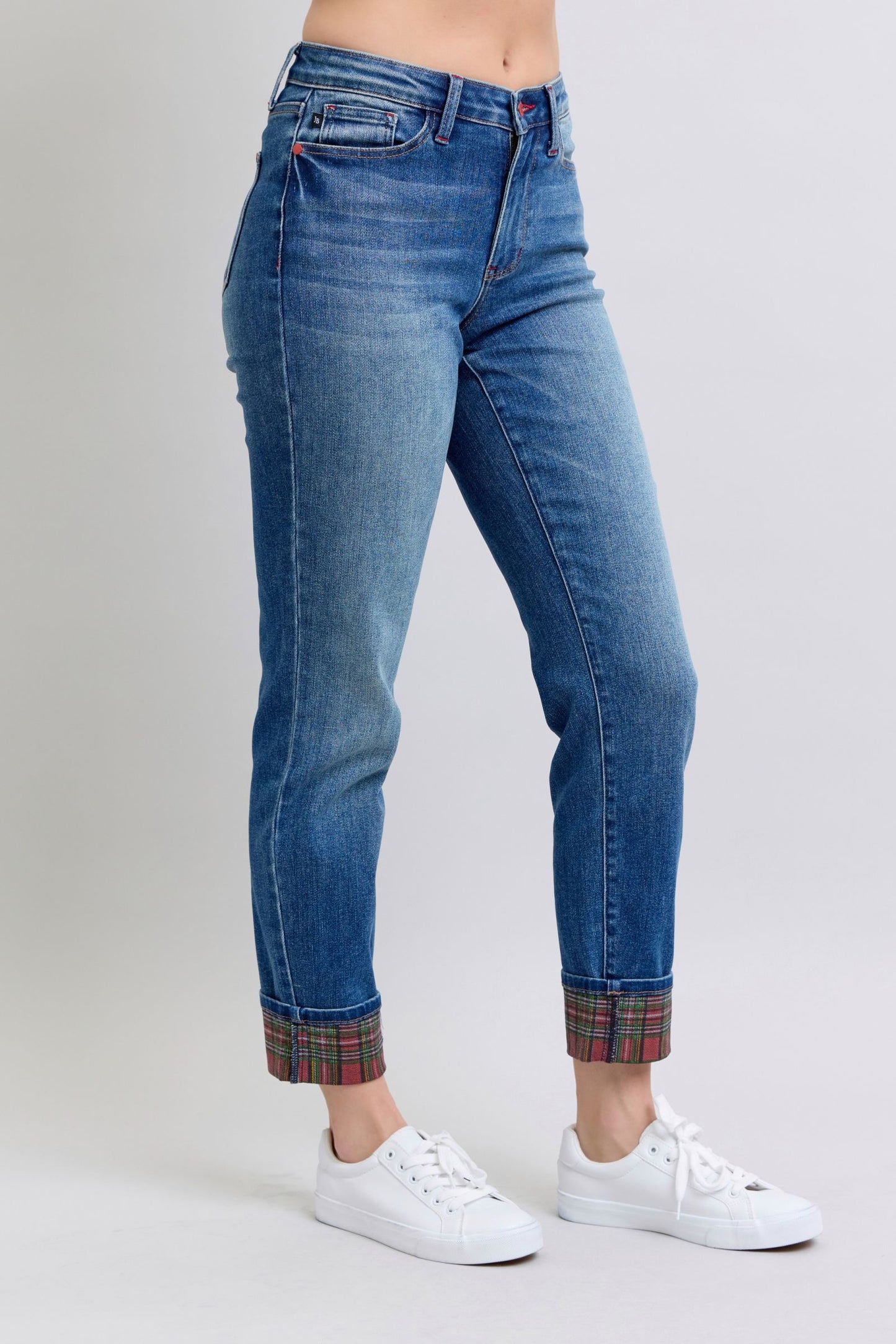 Judy Blue Plaid Print Cuff Straight Leg Jeans