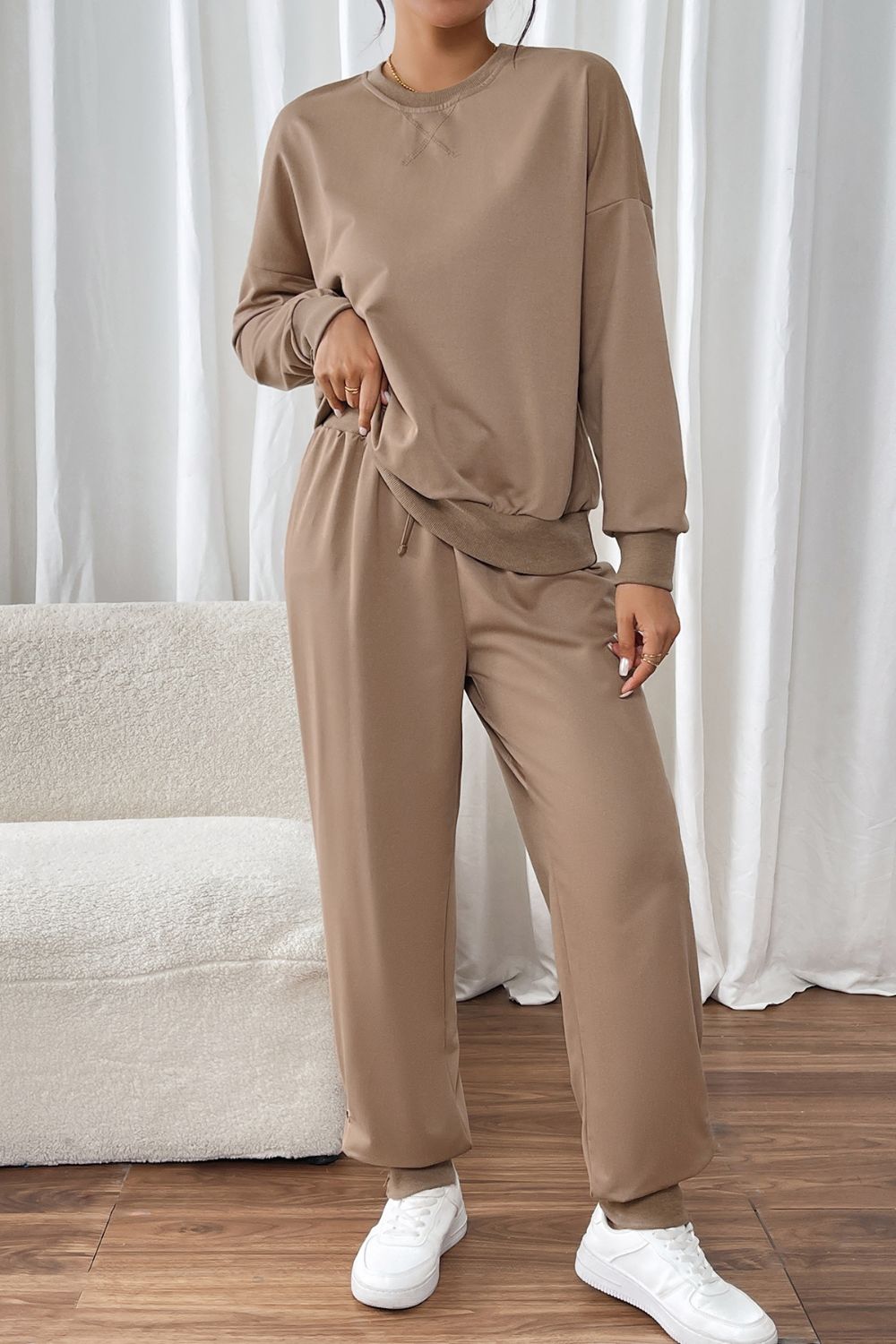 Round Neck Long Sleeve Top and Pants Set